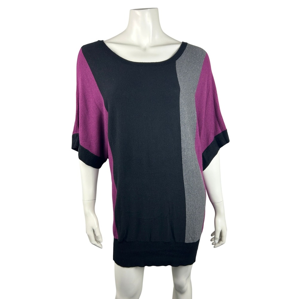 Nicole Miller Original Sweater Women M Black Fuchsia Gray Colorblock Dolman Knit